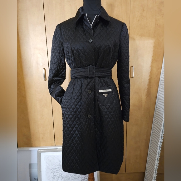 PRADA Black Diamond Quilted Trench Coat with triangle logo AUTHENTIC - Picture 10 of 17